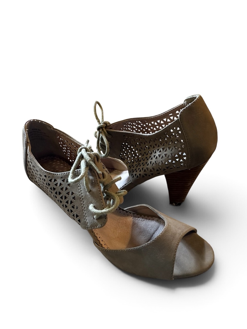 Restricted Lace-Up Peep Toe Heels in Taupe with perforated body